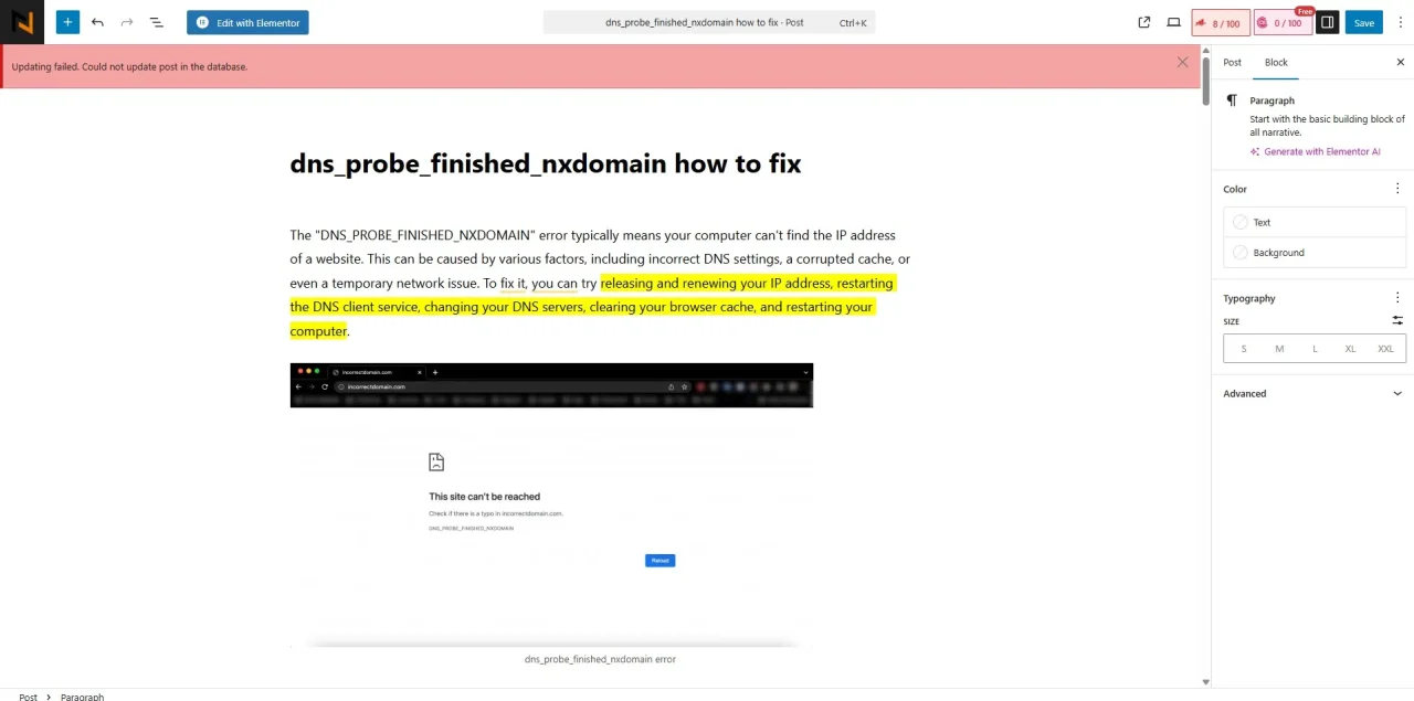 Could Not Update Post in the Database on wordpress