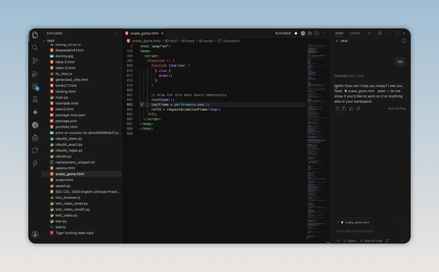 VS Code editor with AI chat sidebar displaying a response message