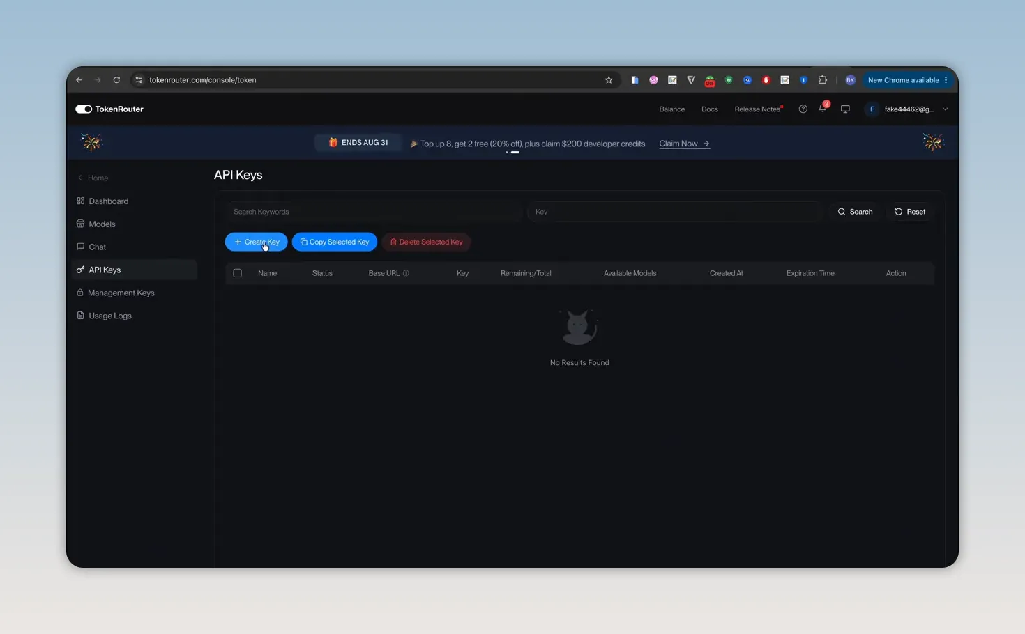 Dark API key dashboard with a create new key panel open