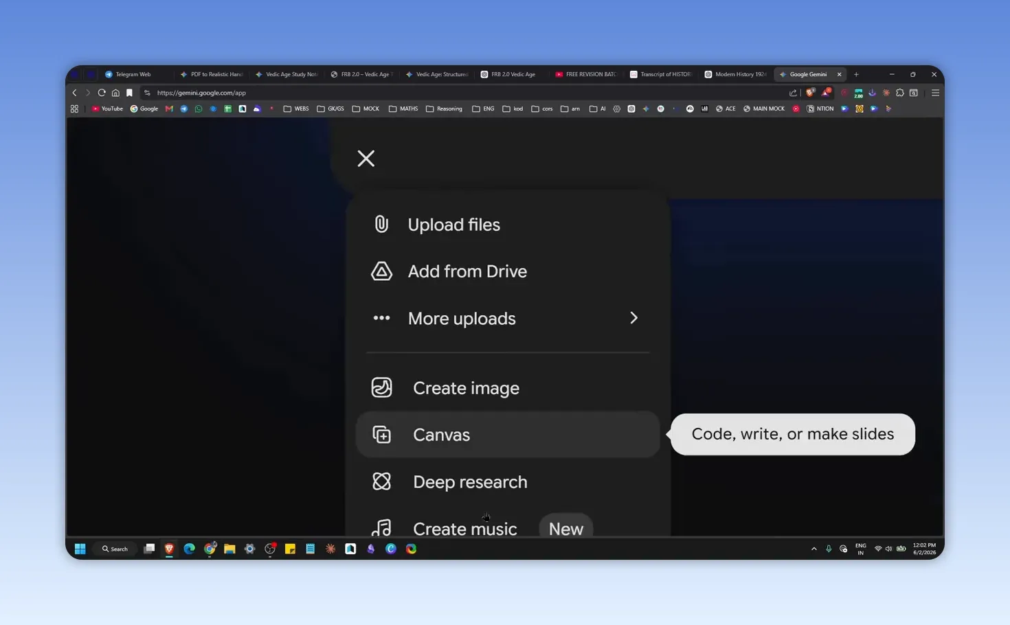 Gemini plus menu showing options including Canvas