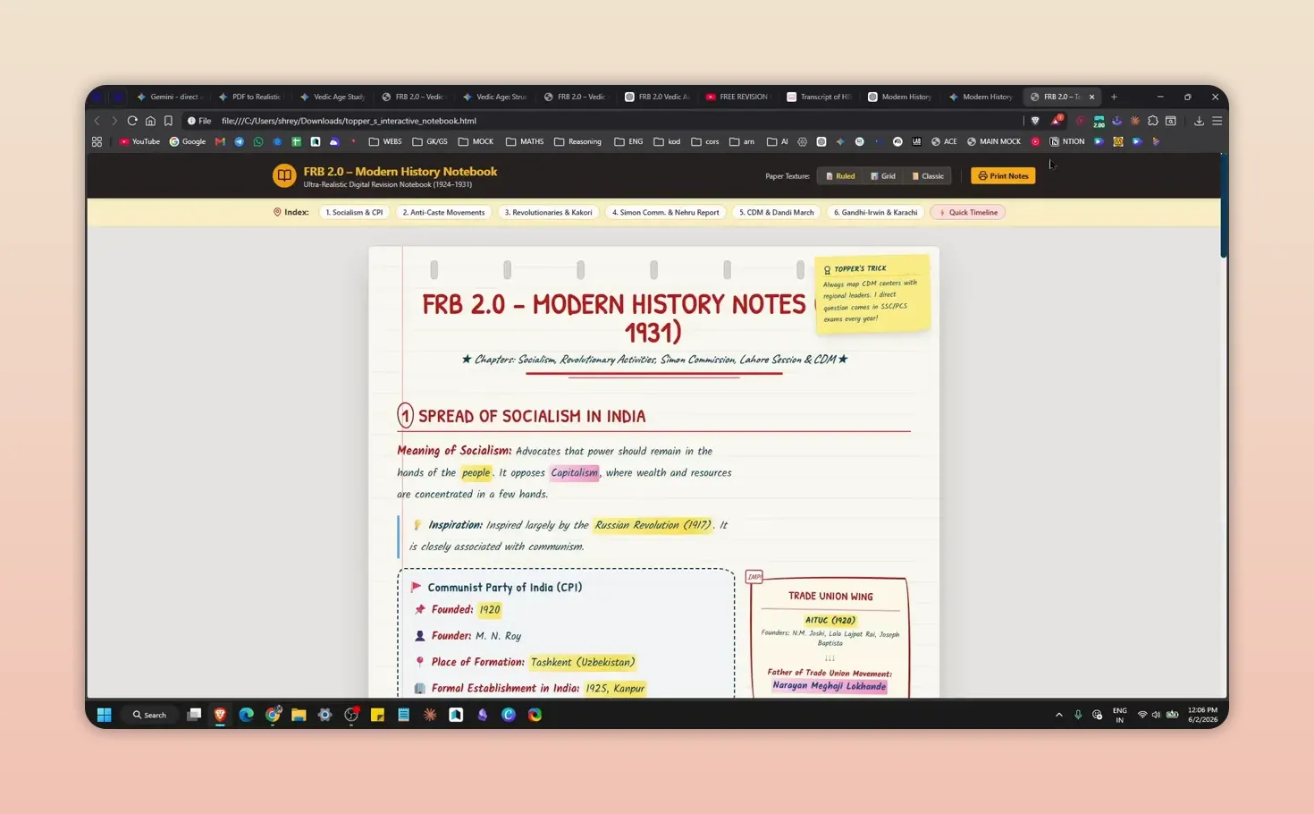Handwritten-style modern history notes with a print notes button and topic sections