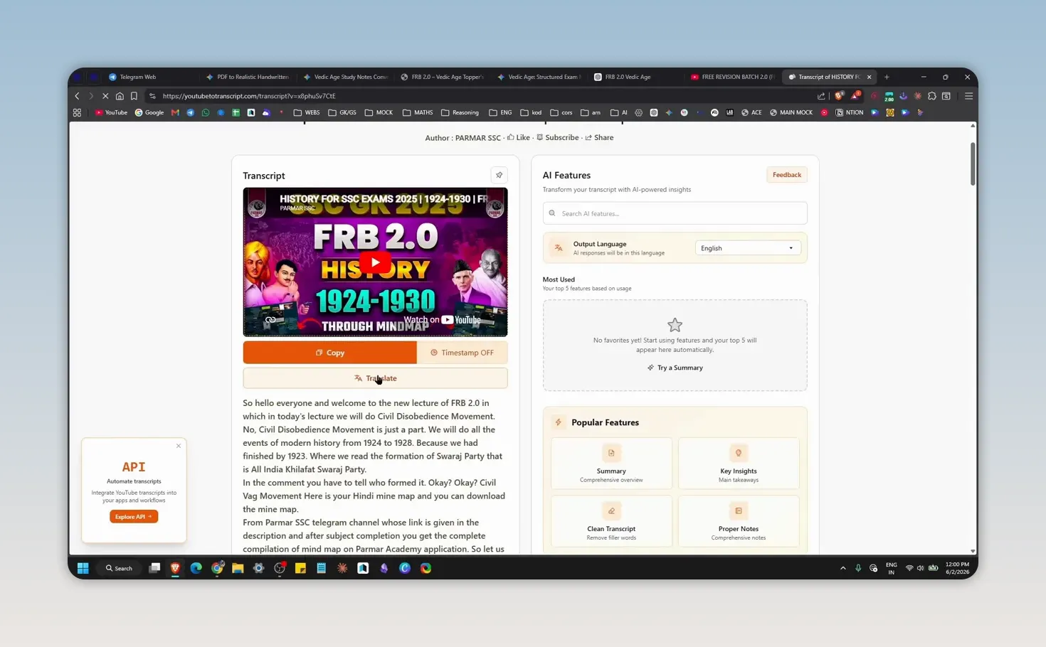 Transcript webpage showing a lecture thumbnail, transcript text, and copy button